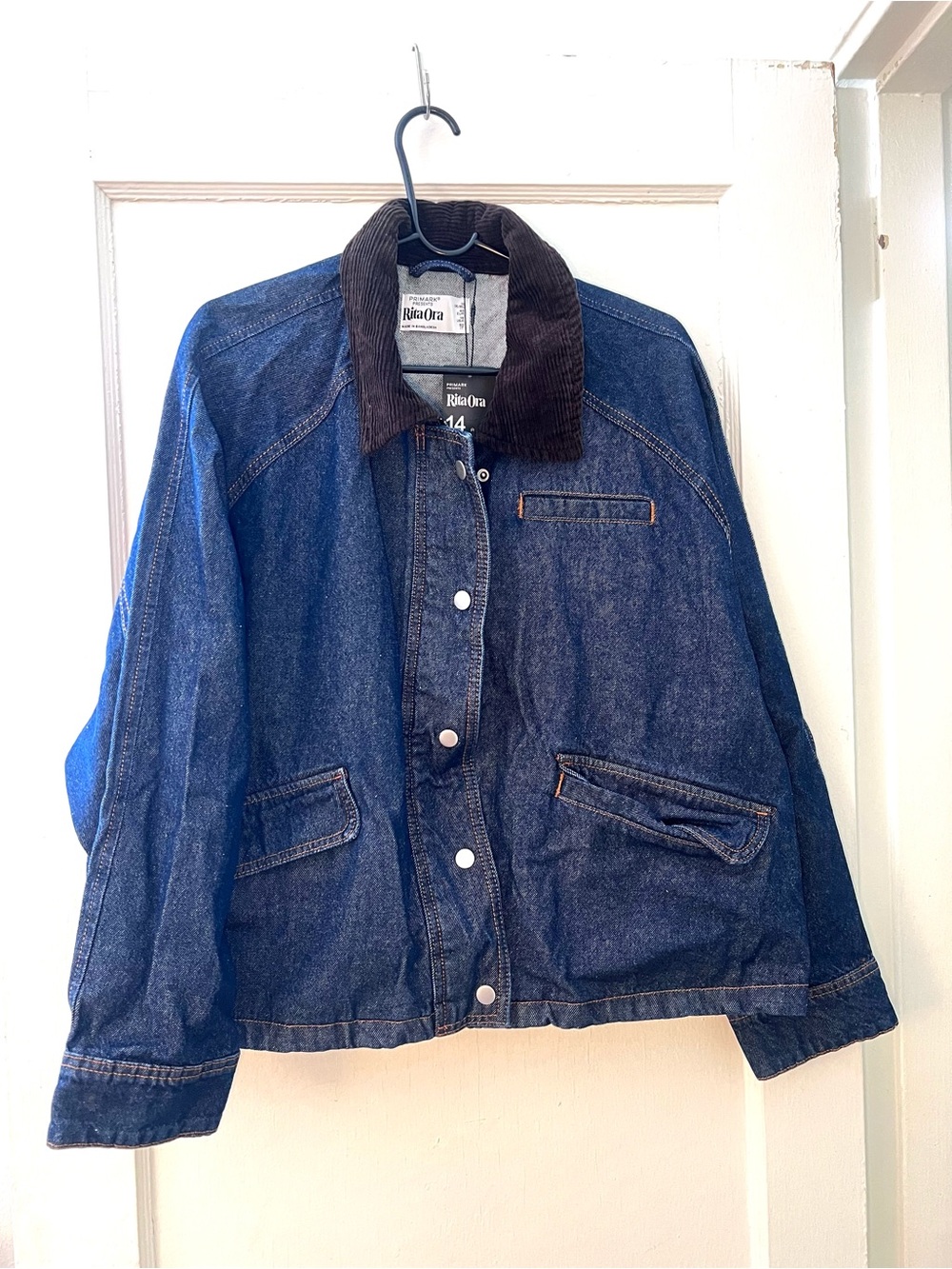 Primark Dark Blue Denim Jacket with Brown Corduroy Collar